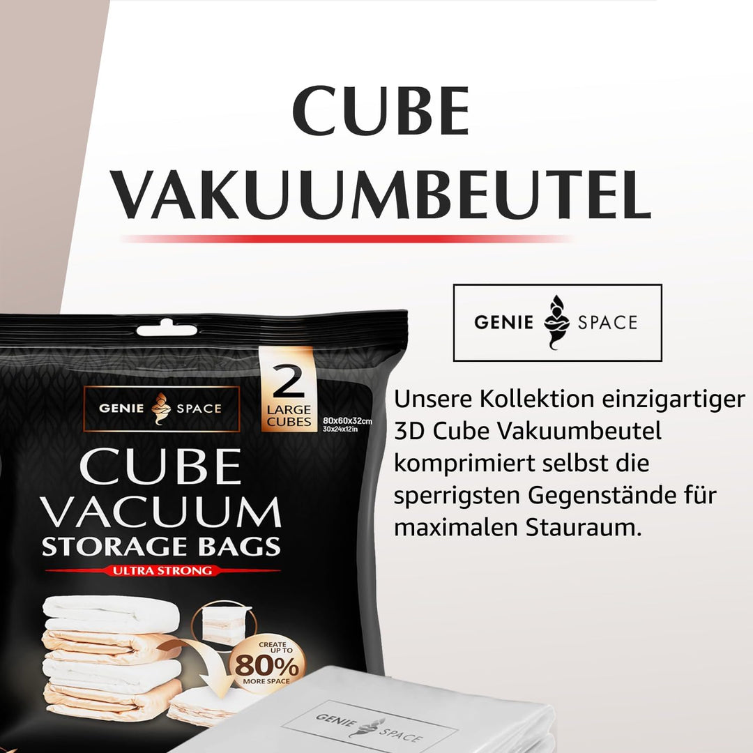 GENIE SPACE Premium Cube Vakuumbeutel für Kleidung, Bettwäsche &amp; Aufbewahrung – 2er Pack GROSS (80×6