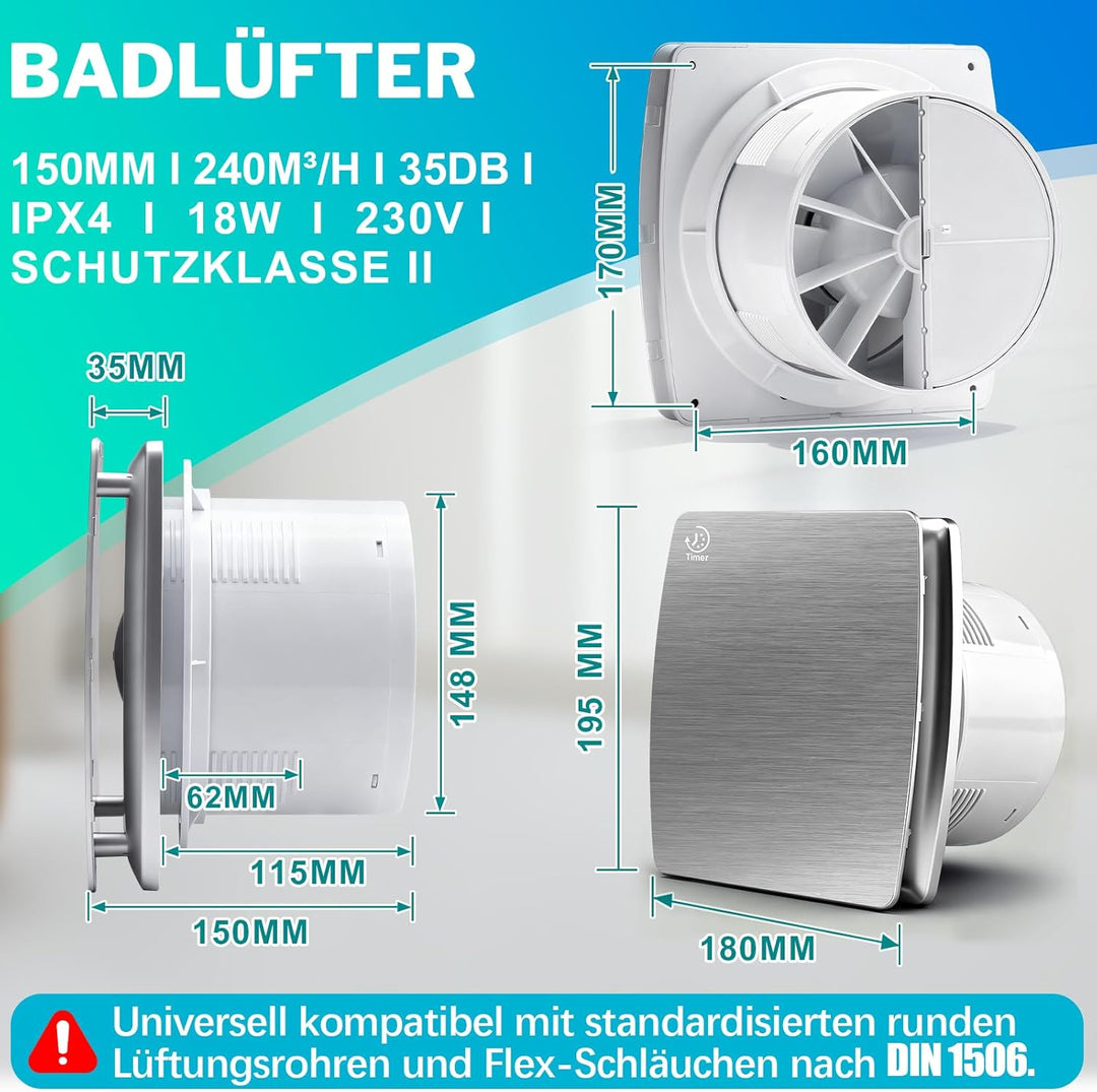 XIIW Badlüfter 150mm mit Nachlauf, 18W Leiser Abluftventilator Lüfter mit Rücklaufklappe, Effiziente