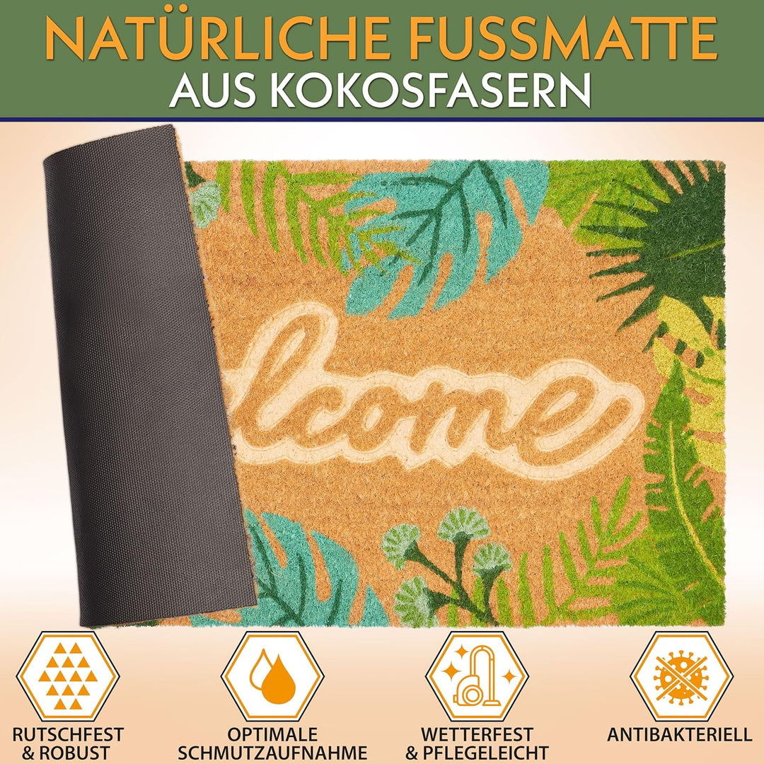 BRUBAKER 3D Fussmatte für Aussen und Innen - Welcome mit grünen Blättern - 45 x 75 cm Schmutzfangmat