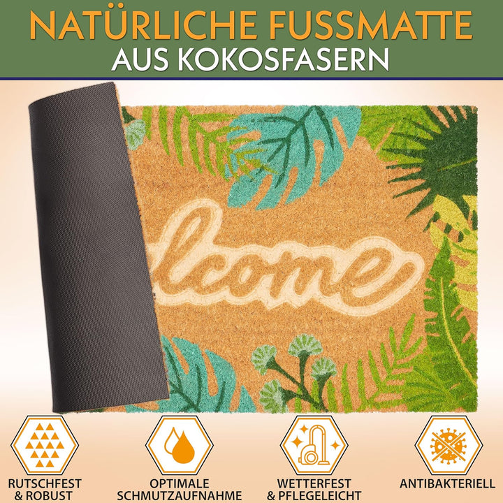 BRUBAKER 3D Fussmatte für Aussen und Innen - Welcome mit grünen Blättern - 45 x 75 cm Schmutzfangmat