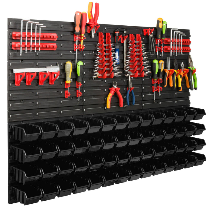 Lagersystem Werkstattregal | 117 x 78 cm | 56 stck. Box | Wandregal mit Werkzeughalterungen und Stap
