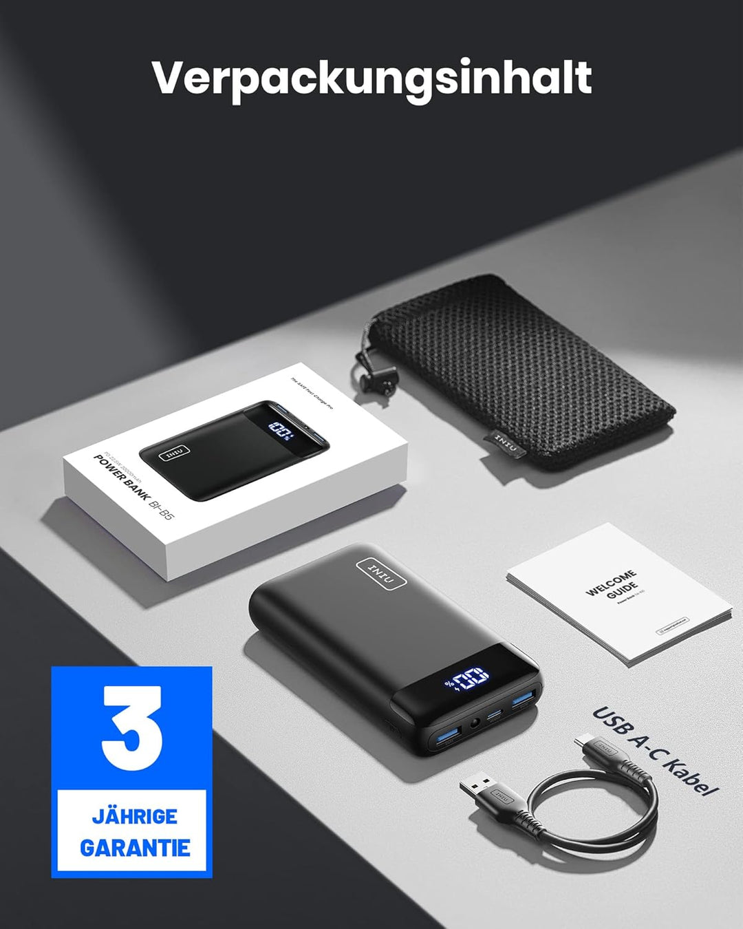 INIU Power Bank, 22,5W Powerbank klein Aber stark 20000mAh (USB C Input&Output), 3A USB C PD3.0 QC4.