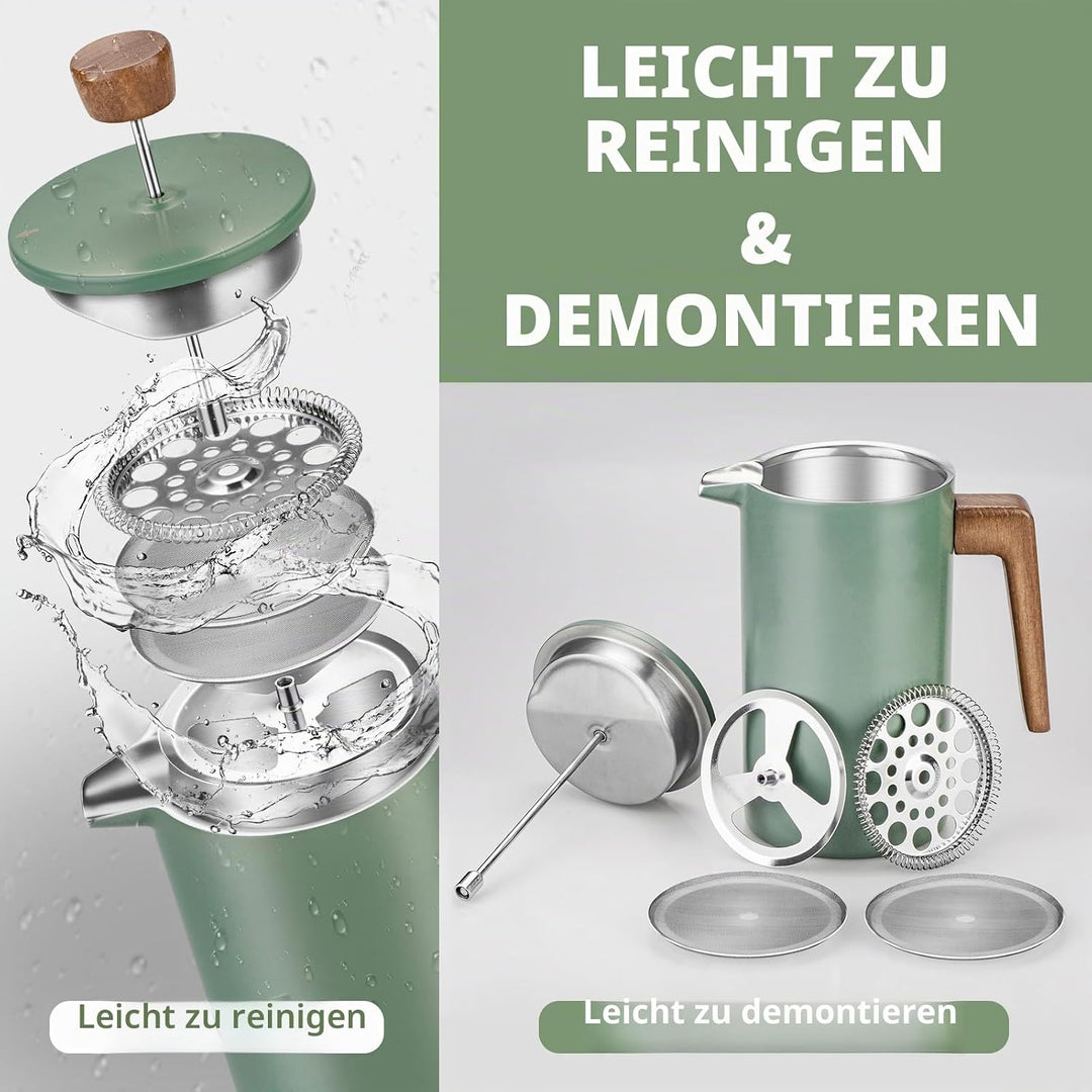 French Press Thermo Kaffeebereiter 1 Liter/8 Tassen, Edelstahl, grüne aus Echtholz, doppelwandig, is