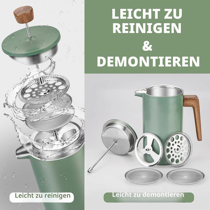 French Press Thermo Kaffeebereiter 1 Liter/8 Tassen, Edelstahl, grüne aus Echtholz, doppelwandig, is