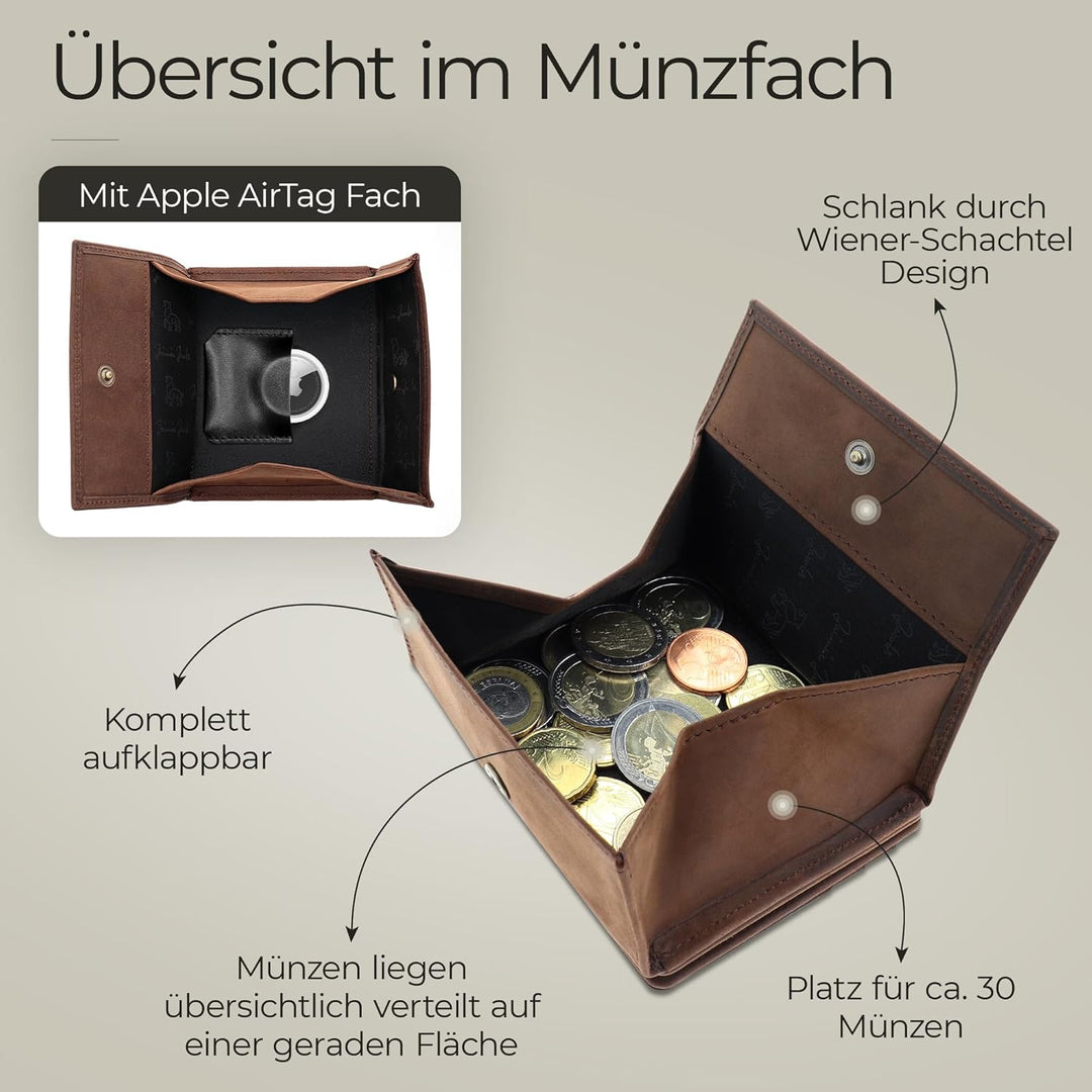 Jaimie Jacobs Flap Boy AirTag Edition Magic Wallet mit Münzfach Echtleder (Büffelleder Dunkelbraun),