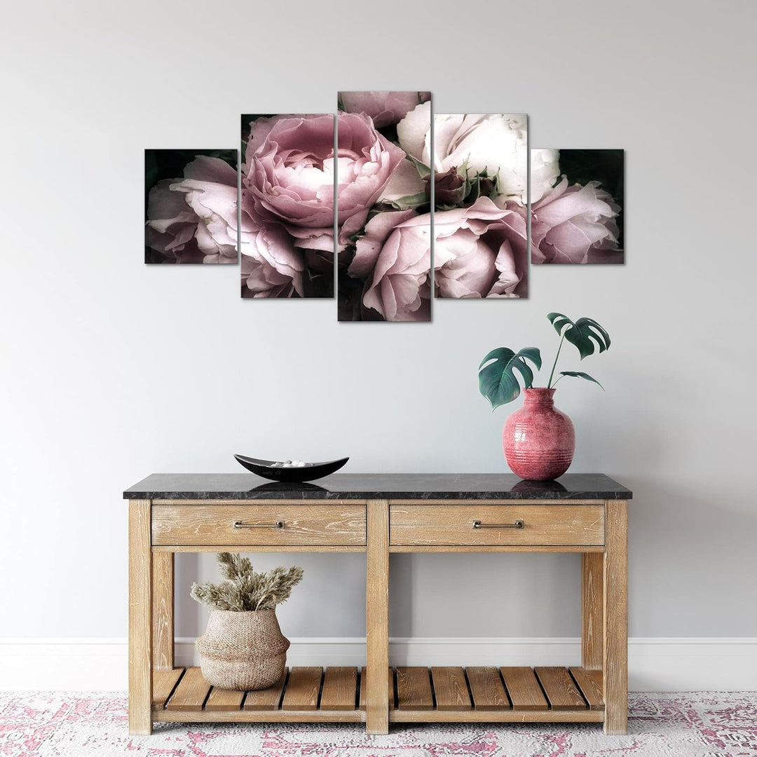 Runa Art Wandbilder Blumen Rosen 5 Teilig Bild auf Vlies Leinwand Deko Wohnzimmer Vintage Schwarz Bu