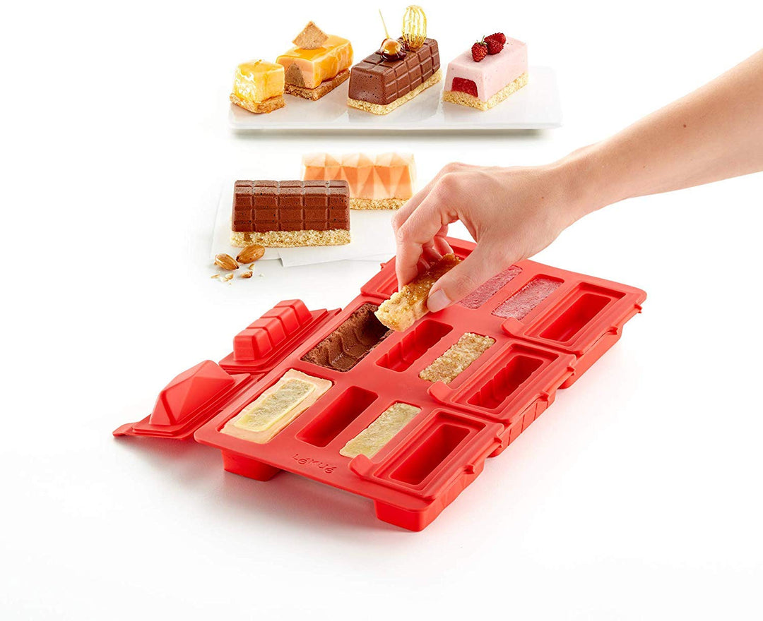 Lékué Backform für Mini-Mousse-Gebäck, Silikon, rot Rechteckig, Rechteckig