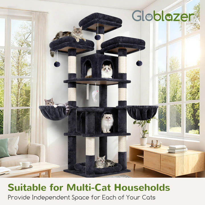 Globlazer Kratzbaum Stabil 174 cm mit 3 Gepolsterte Sitzstangen, 2 Katzenhaus, 2 Korb, Abnehmbares H