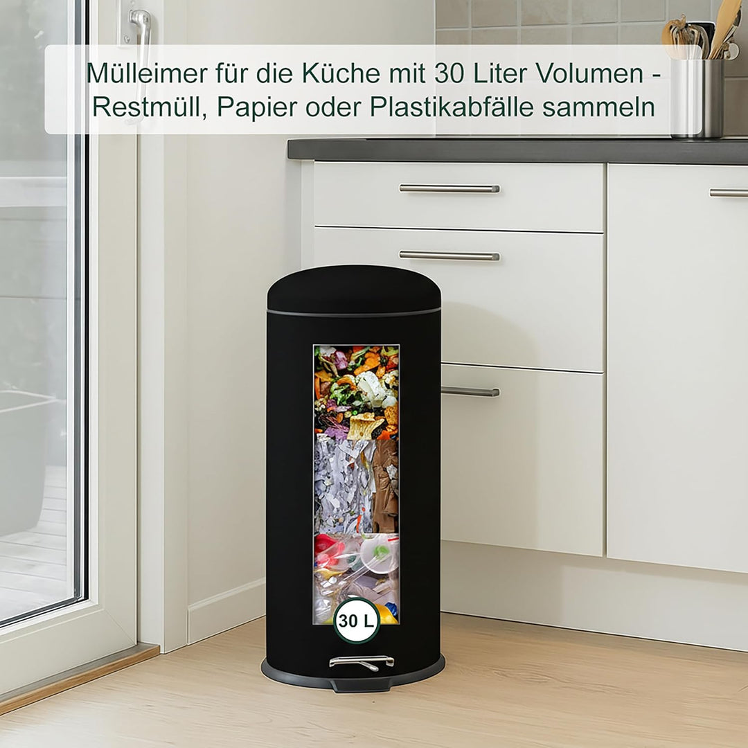 Relaxdays Mülleimer 30 Liter, Küchenabfalleimer mit Absenkautomatik, Henkel & Trittpedal, runder Pap