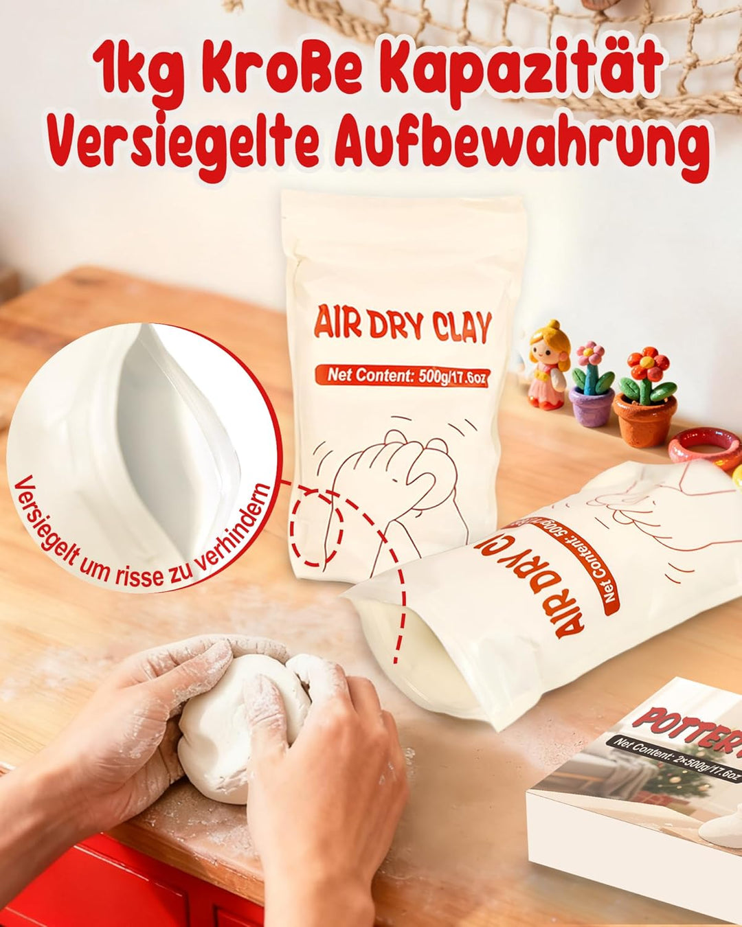 Töpferset, Töpferset für Zuhause Enthält 1 kg Lufttrocknendem Ton, 20 ml Glasur Ton, Farbe und Tonwe