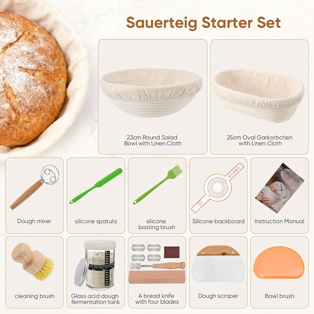 Sauerteig Set 21-teilig mit 2 Gärkörbchen & Glas – Komplettes Brotbackzubehör inkl. Gärkorb Rattan,