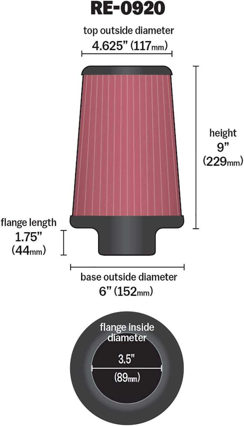 K&N RE-0920 Waschbarer und wiederverwendbarer KFZ und Motorrad Gummi Universalluftfilter