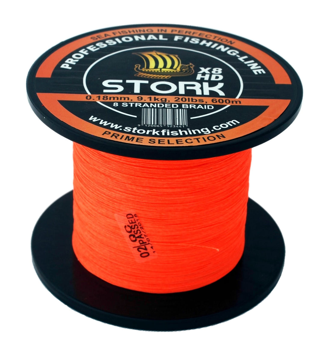 Stork HDx8, 8-Fach geflochtene Premium Angelschnur 600m Orange 20 lbs / 9.1 kg / 0.18 mm, Orange 20