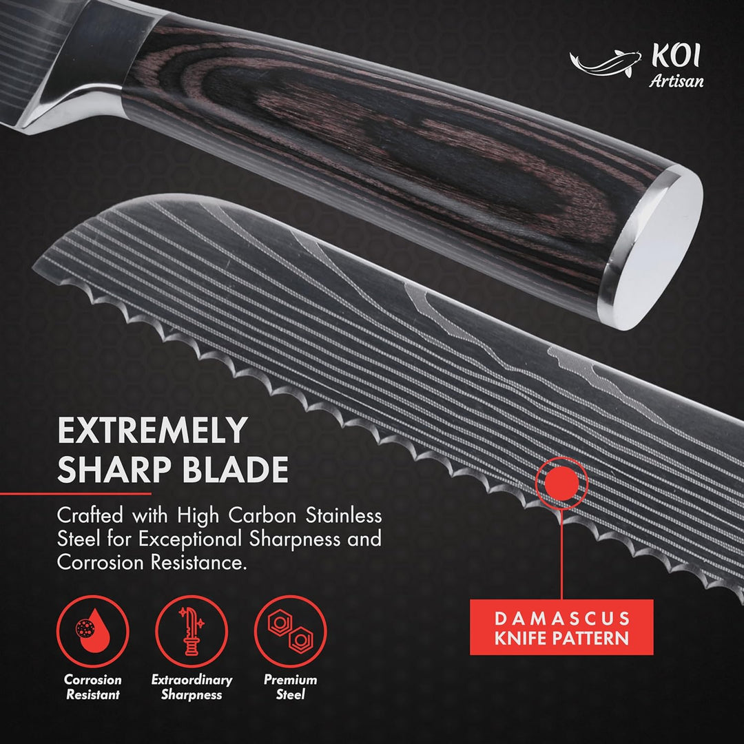 KOI ARTISAN Grosses Brotmesser - 20,3 cm rasiermesserscharfe Kante 20 cm Brotmesser, 20 cm Brotmesse