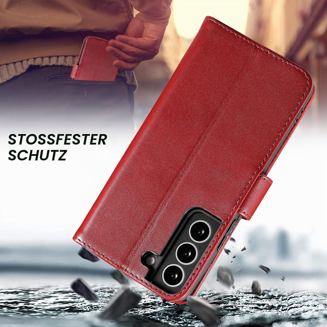 LENSUN Echtleder Hülle für Samsung Galaxy S22, Handyhülle Echt Leder Cover mit [Magnetverschluss] [R