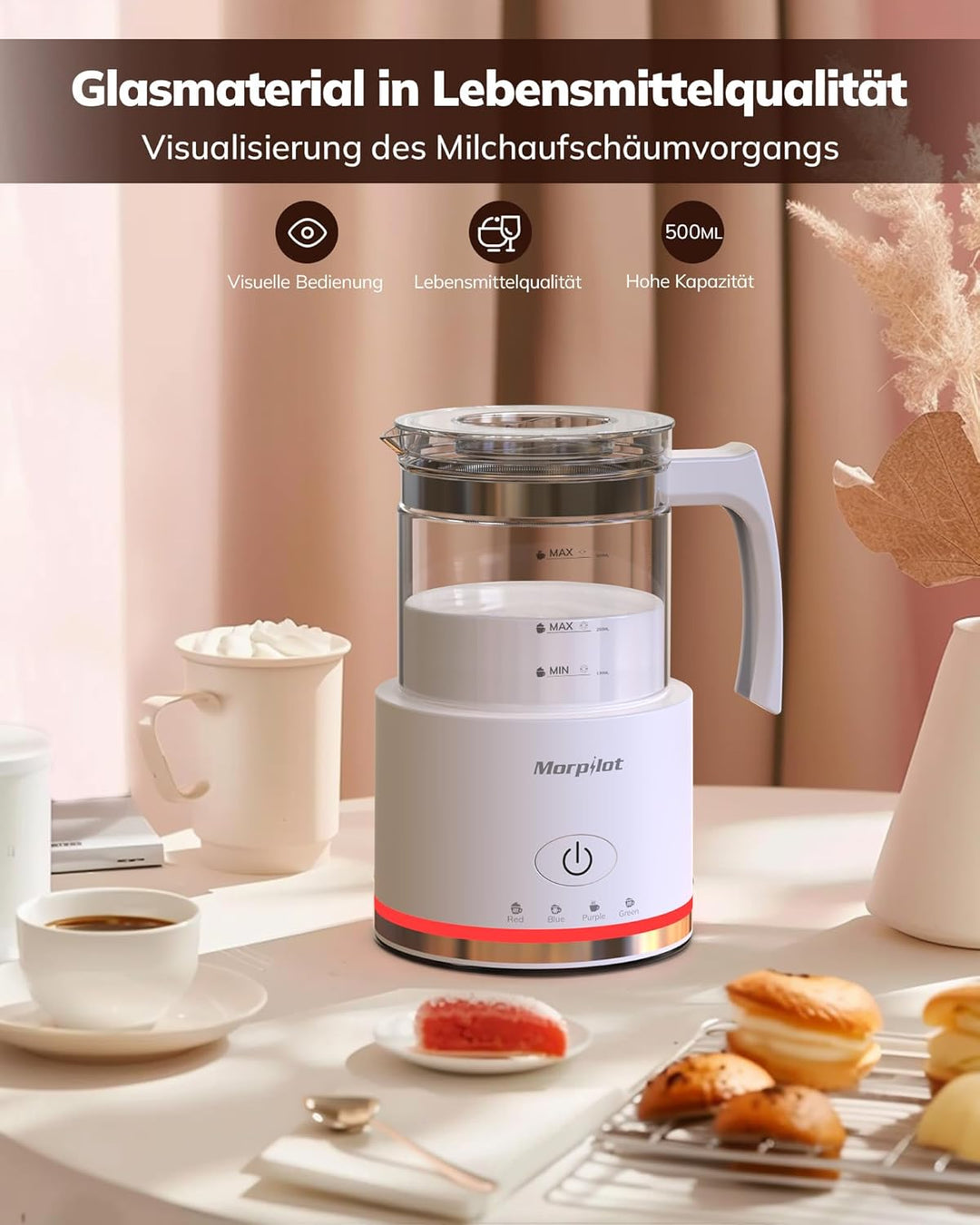 Morpilot Milchaufschäumer Elektrisch, 500ml 600W, 4 in 1 Milchschäumer für Heisser und Kalter, Visue