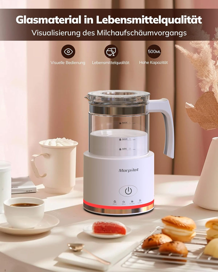 Morpilot Milchaufschäumer Elektrisch, 500ml 600W, 4 in 1 Milchschäumer für Heisser und Kalter, Visue