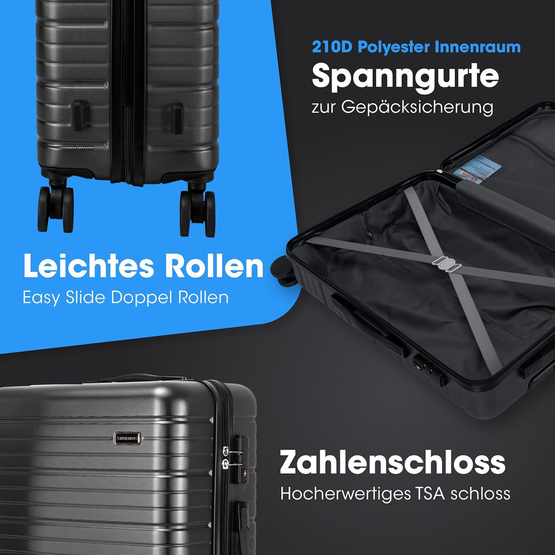 StahlHaus® Hartschalen Koffer XL 75 cm Reisekoffer – Rollkoffer sehr Gross Schwarz Luxe – 4 Rollen T