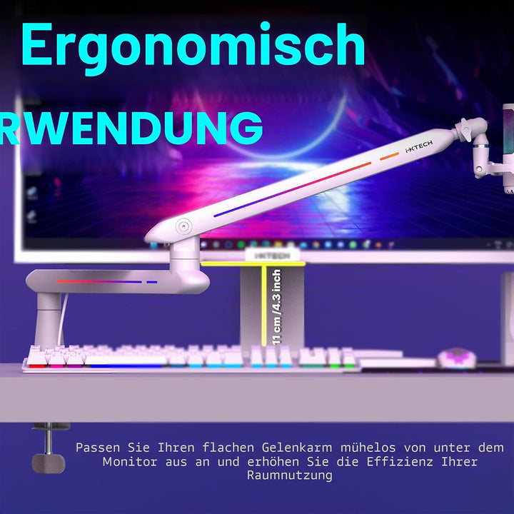 IXTECH RGB Low Profile Galgenarm für Mikrofon, verstellbarer Mikrofonarmständer mit Tischhalterungsk