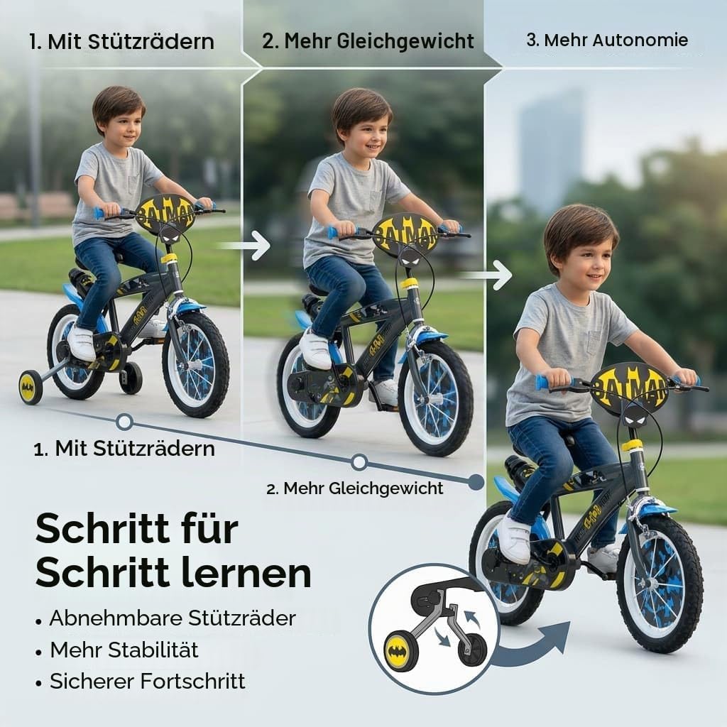 Toimsa Kinderfahrrad Batman 14 Zoll Schwarz/Blau/Gelb | Felgenbremse Trommelbremse Stützräder Speich