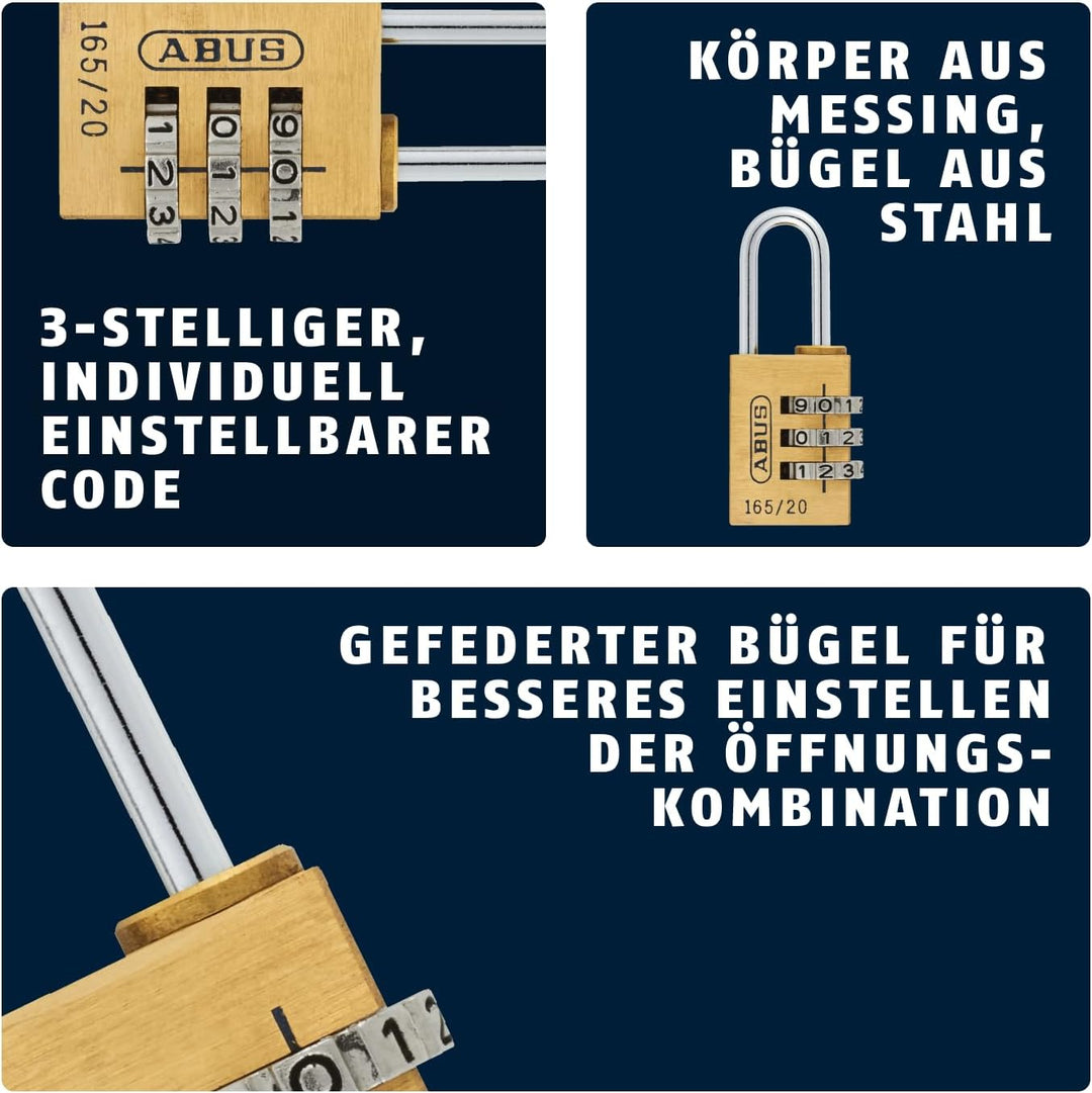 ABUS Zahlenschloss 165/20 - Vorhängeschloss aus Messing - mit individuell einstellbarem Zahlencode -
