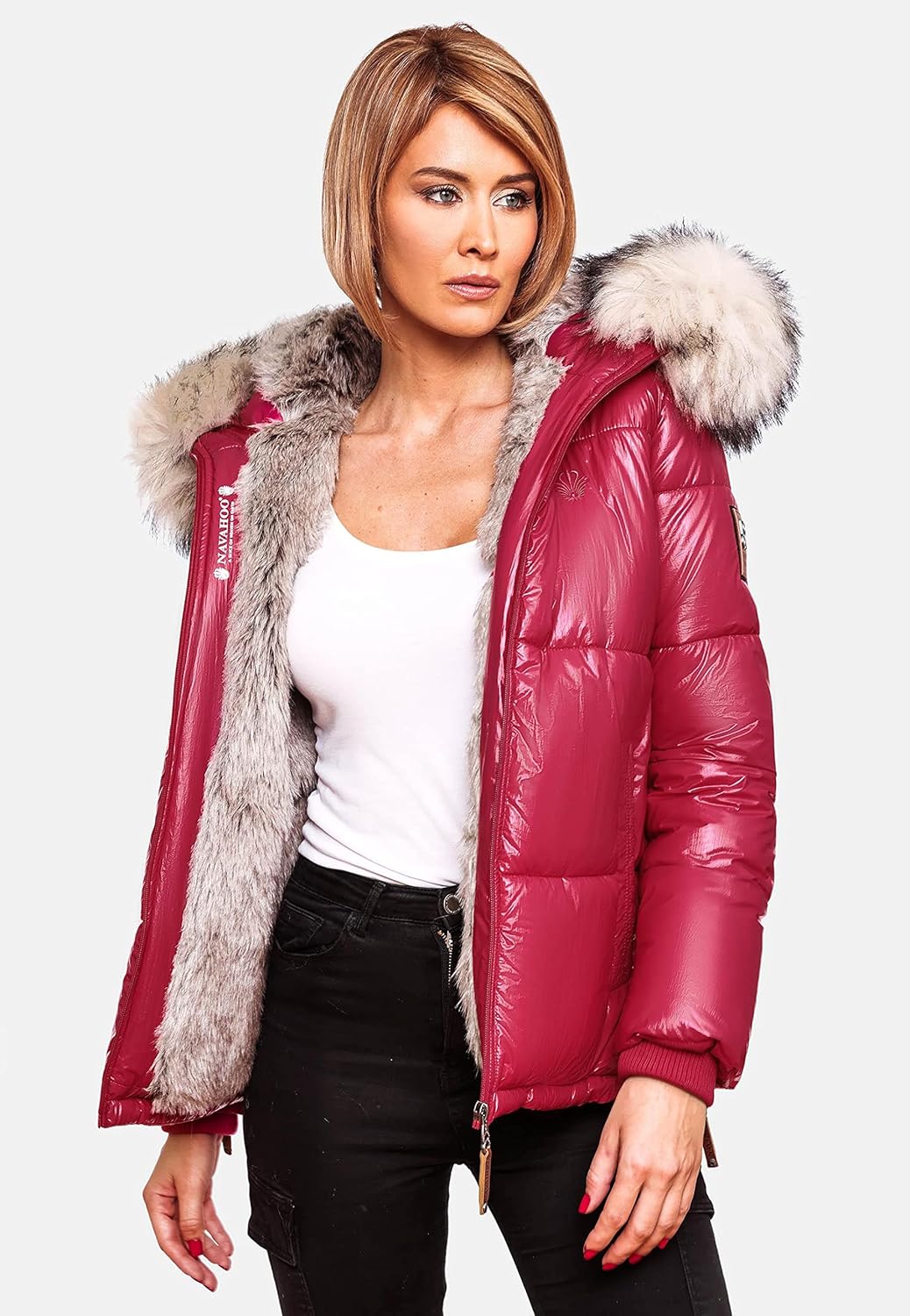 Navahoo Damen Winterjacke Steppjacke warm mit Kunstfellkapuze Tikunaa XS-XL XS Fuchsia, XS Fuchsia