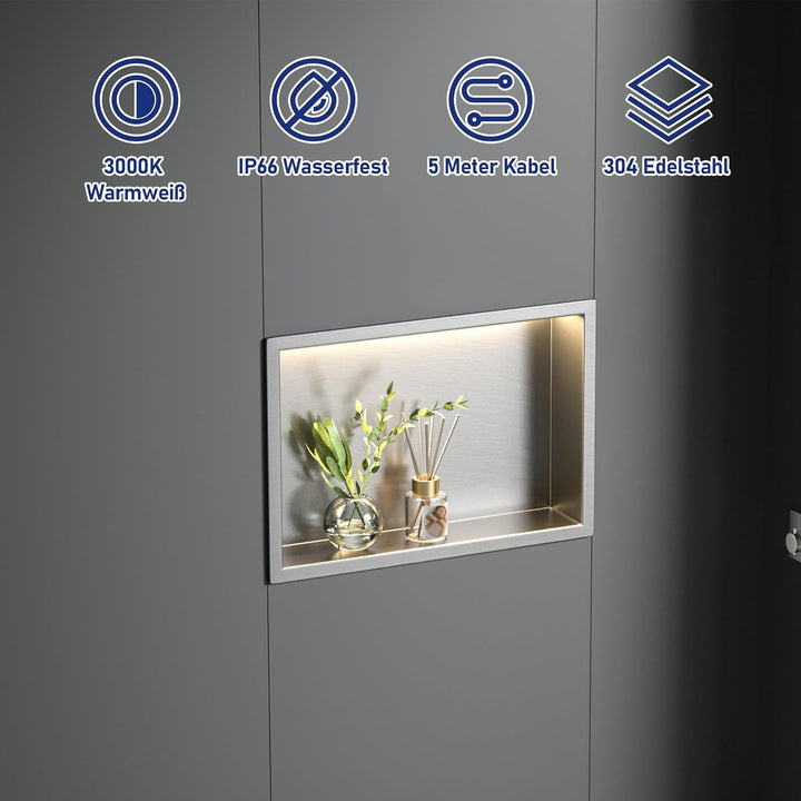 Edelstahl-Duschnische 45 cm x 30 cm Gebürstet, mit integriertem LED-Licht, wasserdicht, ohne Fliesen