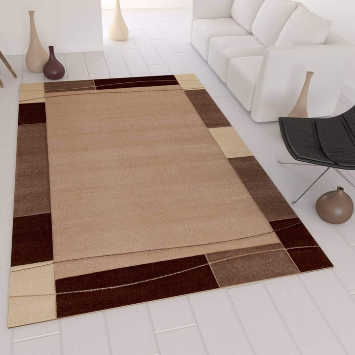 VIMODA Teppich Modern Klassiker für Wohnzimmer Kurzflor Dich gewebt mit Bordürenmotiv braun beige un