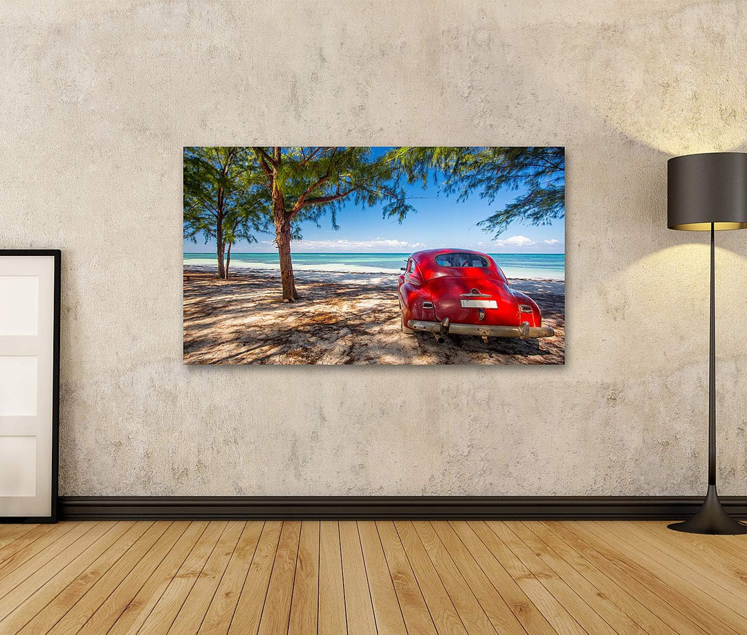 islandburner Bild auf Leinwand Oldtimer Rot Strand Kuba Bilder Wandbilder Poster Leinwand 100x57cm,