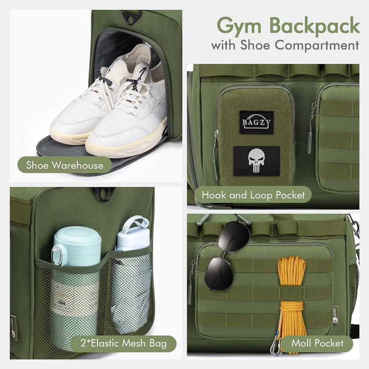 BAGZY Taktischer Reisetasche Sporttasche Herren mit Schuhfach Gym Tasche Rucksack 40L Trainingstasch