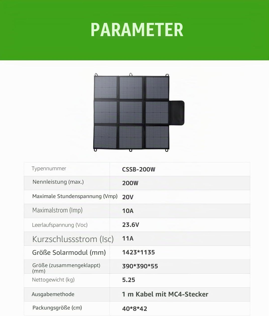 Faltbares Solarpanel 200W, 3m Kabel, 22% Umwandlungseffizienz, IP67 wasserdicht, tragbares Solarlade