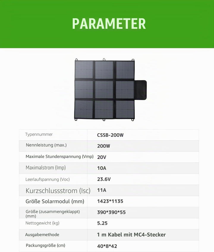 Faltbares Solarpanel 200W, 3m Kabel, 22% Umwandlungseffizienz, IP67 wasserdicht, tragbares Solarlade