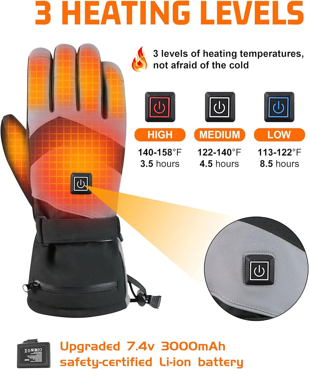 Beheizbare Handschuhe, 7.4V 3000mAh Beheizte Handschuhe für Damen Herren, wasserdichte Winddicht Tou