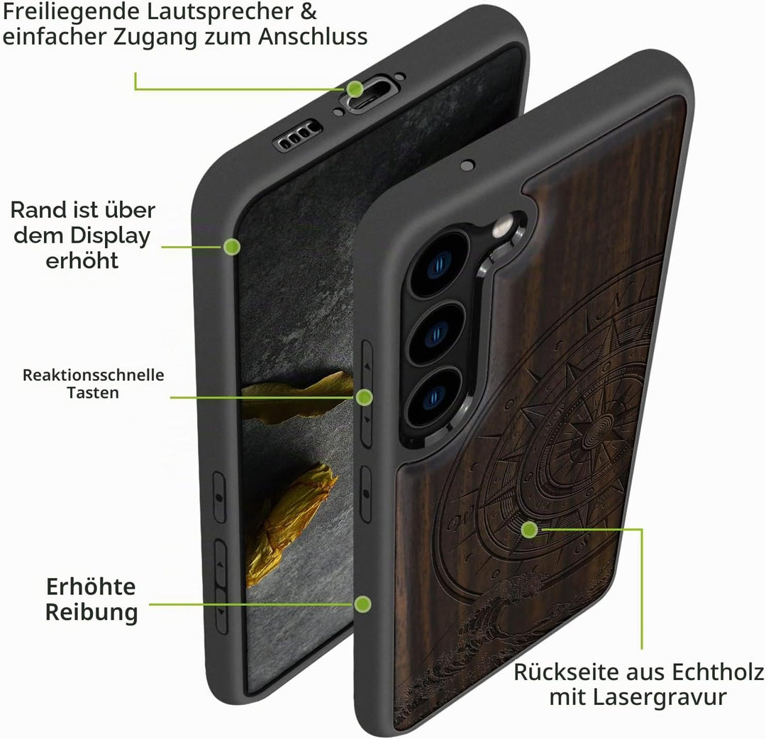 Carveit Holz Handyhülle für Galaxy S23 Plus Cover [Einzigartiges Design Case] Stossstange hülle Komp