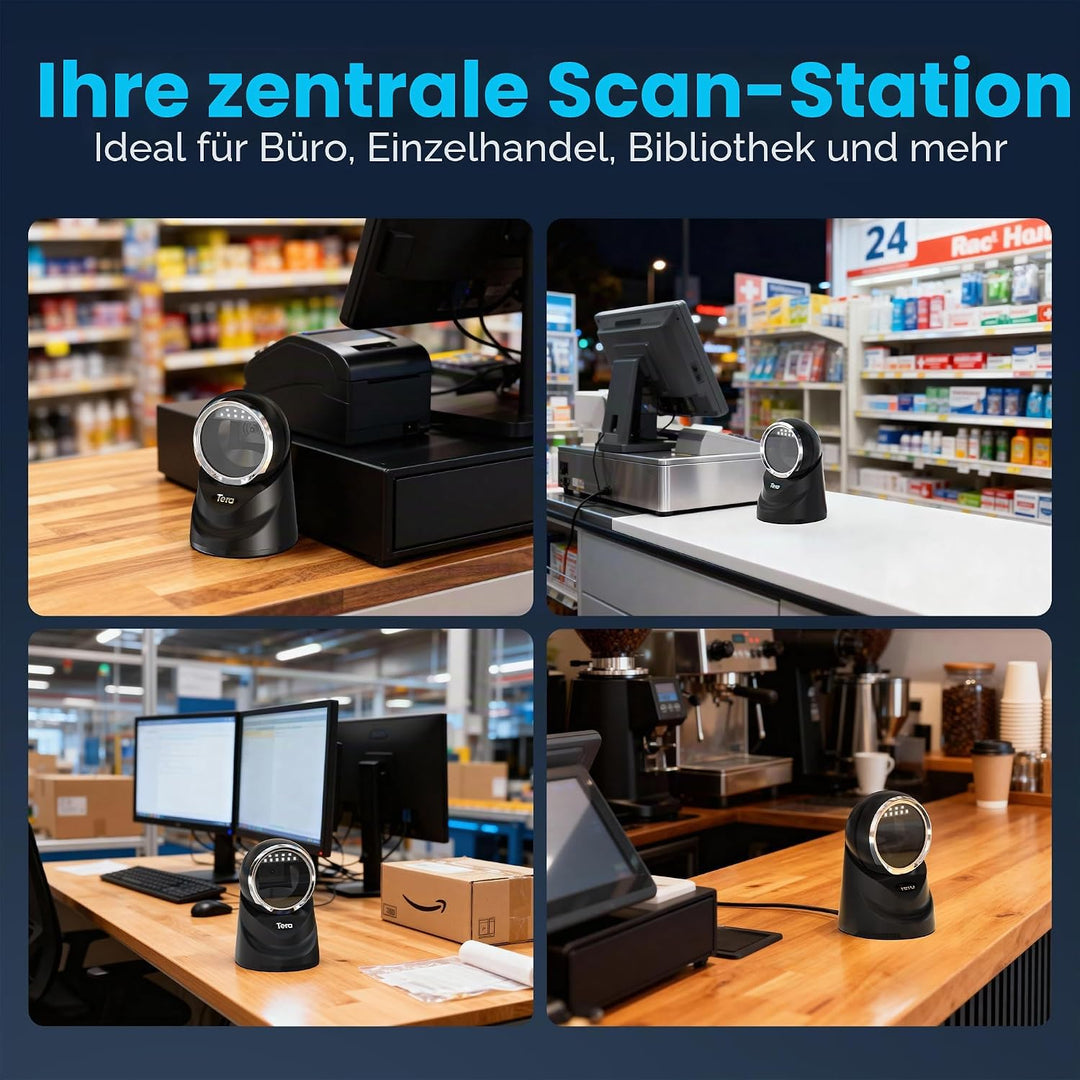 Tera Pro 2D QR Desktop Barcode Scanner Omnidirektional Einstellbarer Scankopf, USB Wired Handsfree P