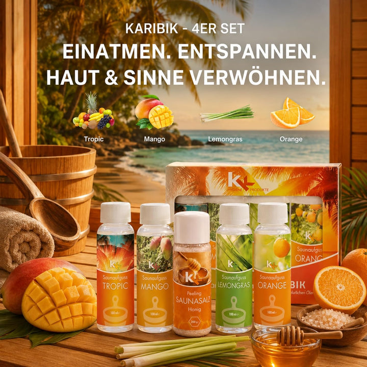 KK Sauna -Set mit Salz Peeling | KK Saunaaufgussset"Karibik" 4 x 100 ml + 200 g KK Saunasalz"Honig"