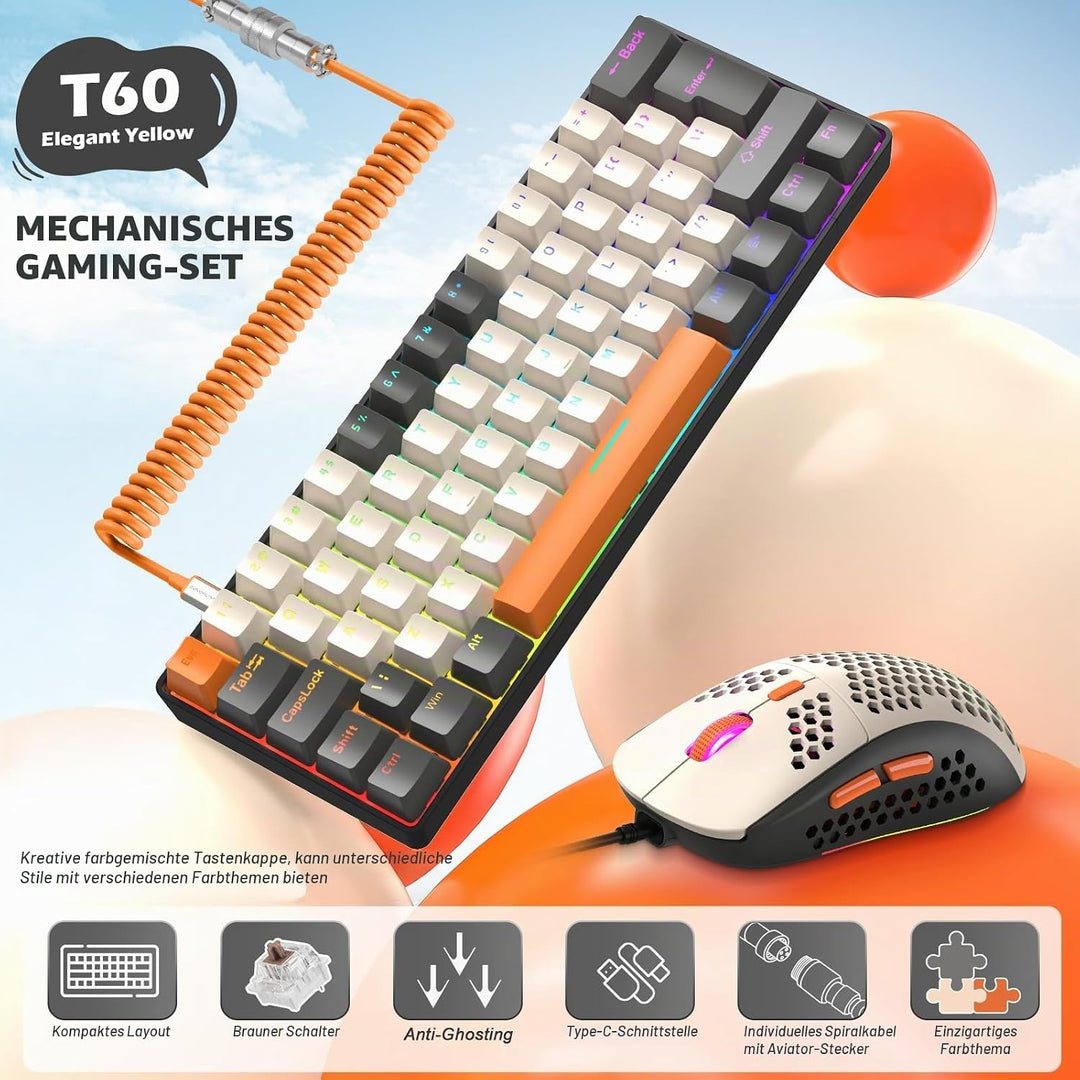 ZIYOU LANG Wired Gaming-Tastatur und Maus Combo mit Spiral USB-C Kabel T60 Pro - Kompakt 60% UK Layo