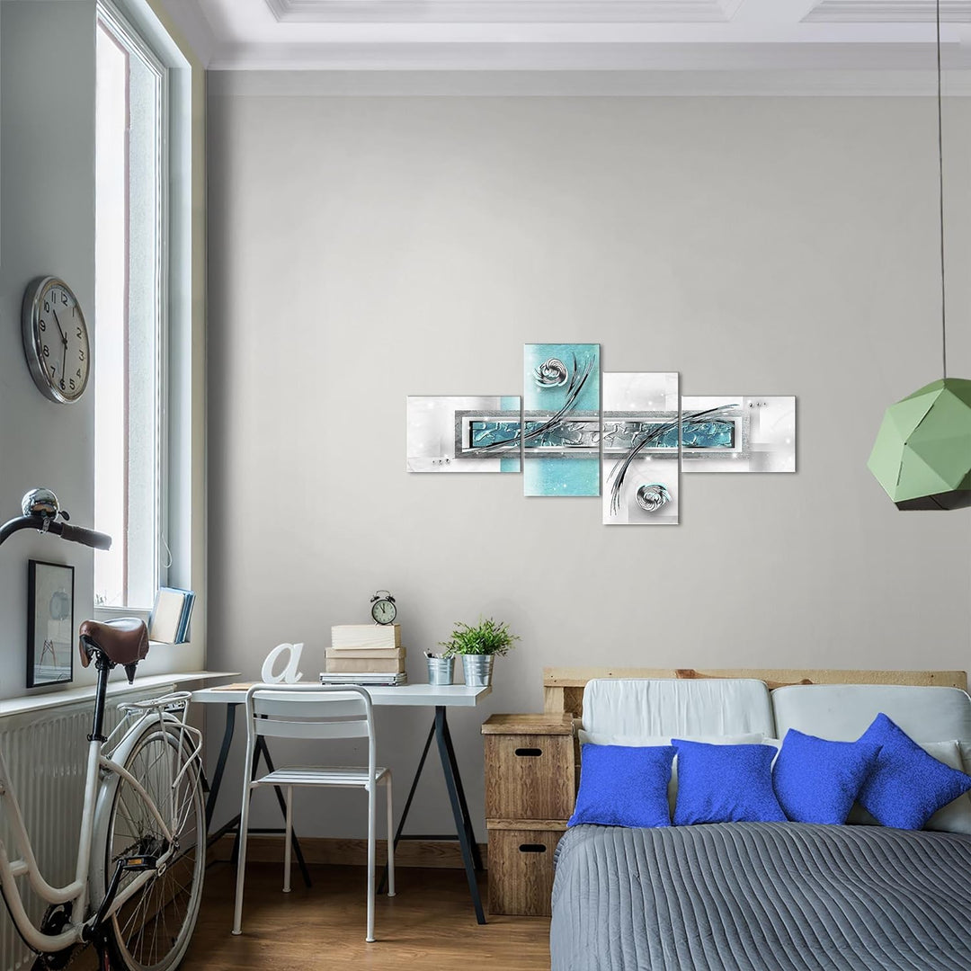 Runa Art Bild Modern Abstrakt - Made in Germany - Wandbilder Grau Türkis Blau 4 Teilig 108142a 100 x