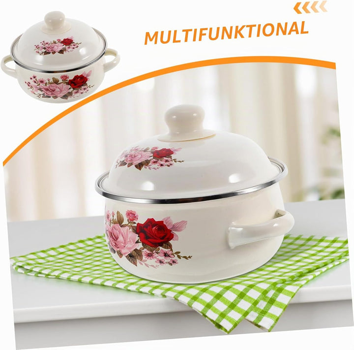 Alipis Emaillierter Kochtopf Mit Blumenmuster Emaille-suppentopf Mit Deckel Und Doppelgriff Vielseit