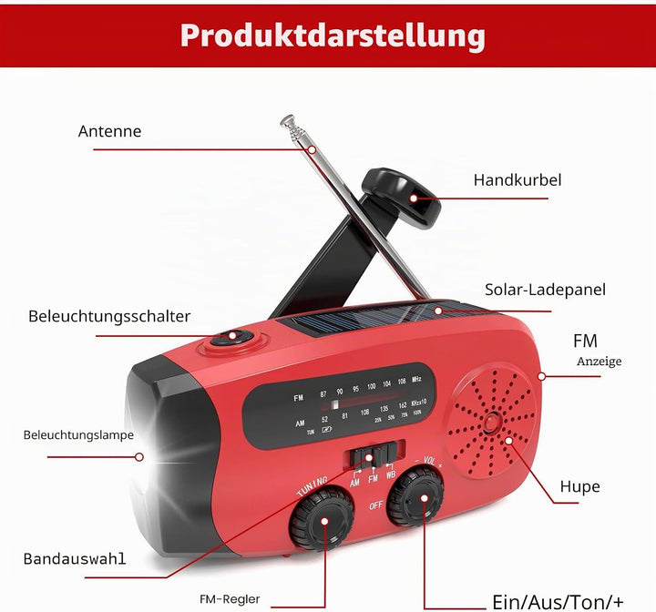 Notfall-Solarradio, Selbstbetriebenes Kurbelradio mit LED Taschenlampe, SOS-Alarm, AM/FM/WB, 2000mAh