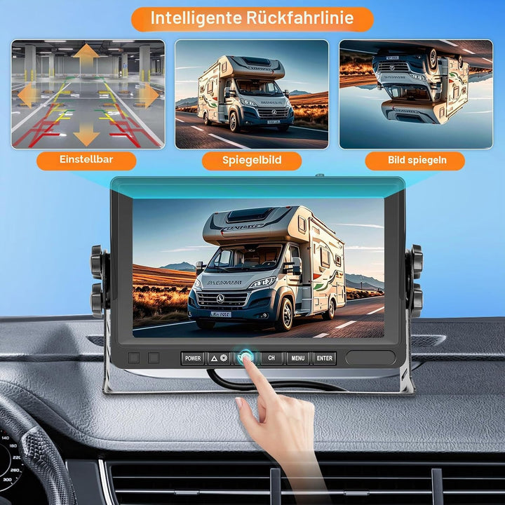 VECHTEL 1080P Drahtlose Rückfahrkamera, Kit Monitor mit 7 Zoll IPS Bildschirm für LKW, Bus, Van, Woh