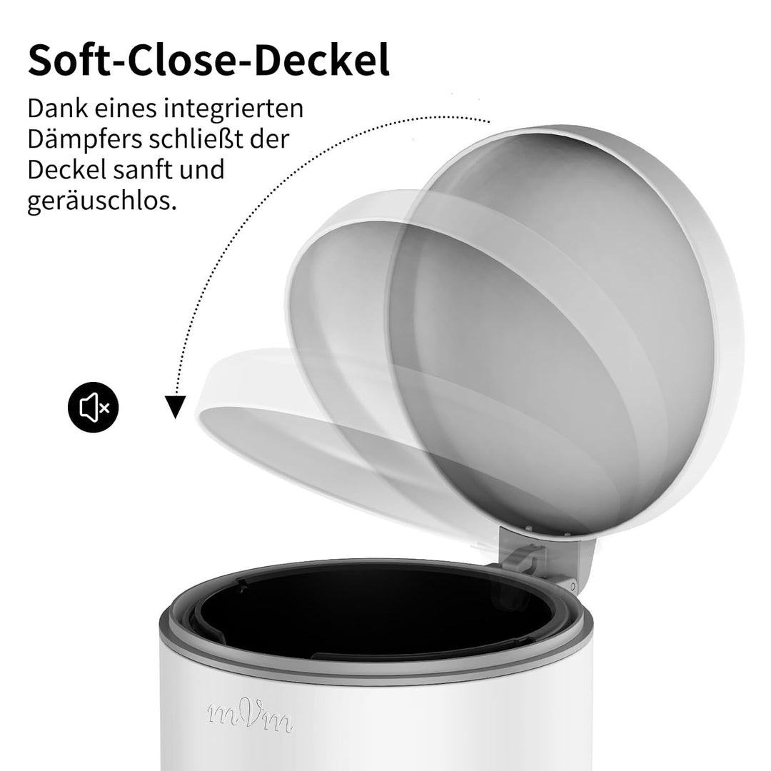 mVm Mülleimer Bad 5L, Mülleimer mit Deckel, Weiss | Soft-Close, Herausnehmbarem Inneneimer, Fingerab