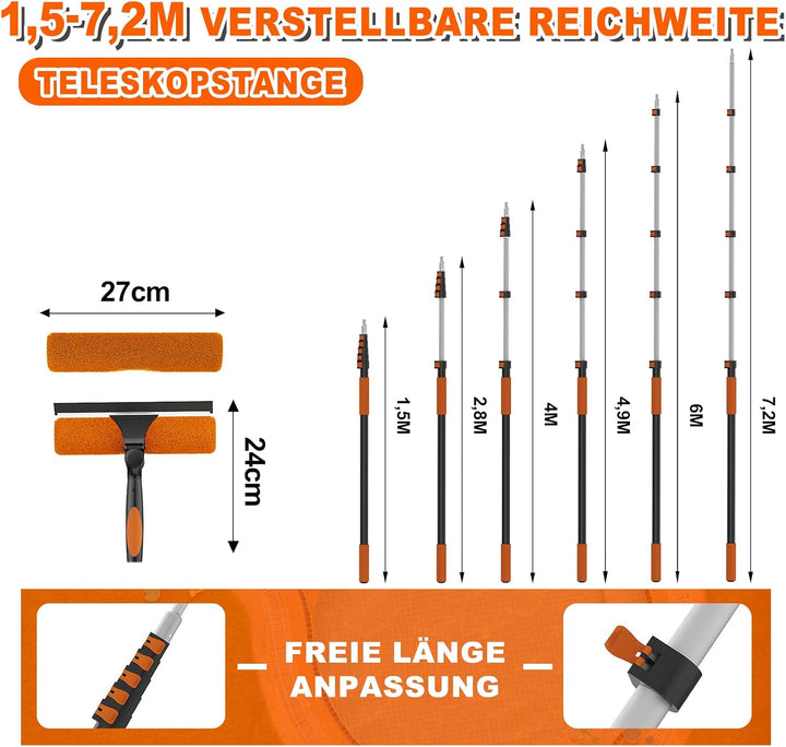 SISUPASSIE 2-in-1 Fensterputzer, 7,2m Fensterabzieher, professionelles Fensterwischer mit Teleskopst
