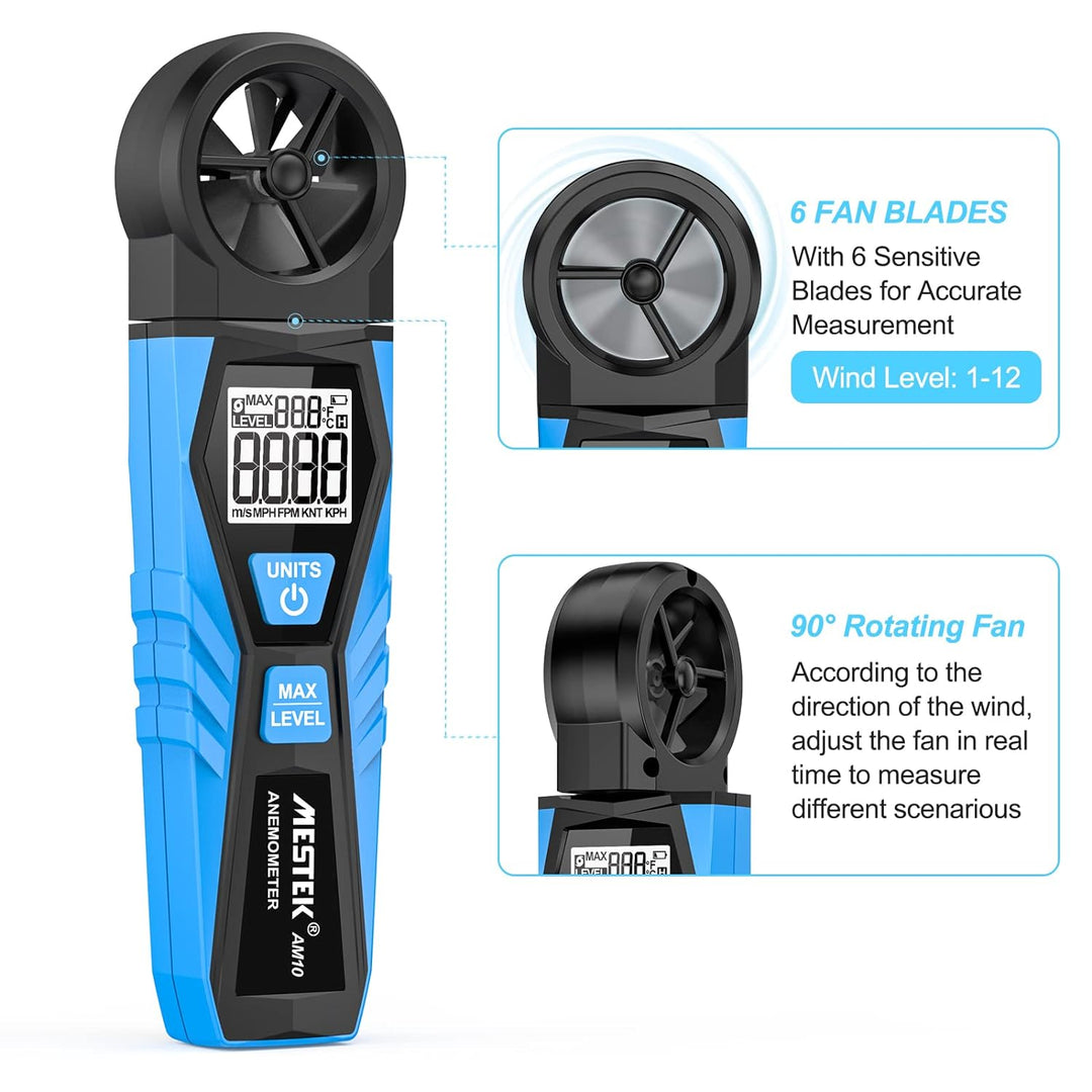 MESTEK Digitaler Anemometer Windmesser Windmessgerät Handheld Windgeschwindigkeit Lufttemperatur Max