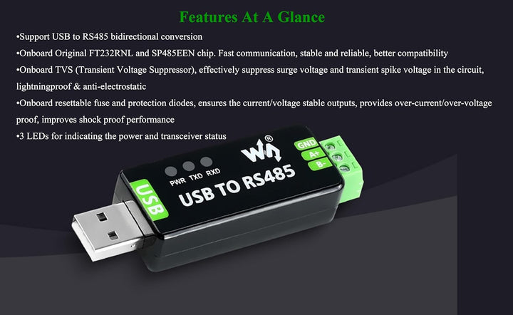 Industrial USB to RS485 Bidirectional Converter with Original FT232RNL and SP485EEN Chip, Supports L