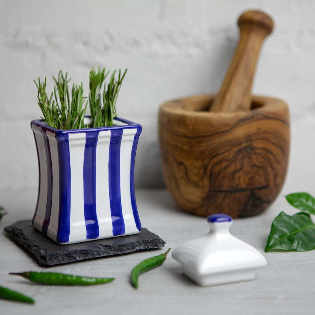 City to Cottage® - Keramik Behälter Küche 150 ml | Blau-Weiss gestreift | Handgemacht | Behälter mit