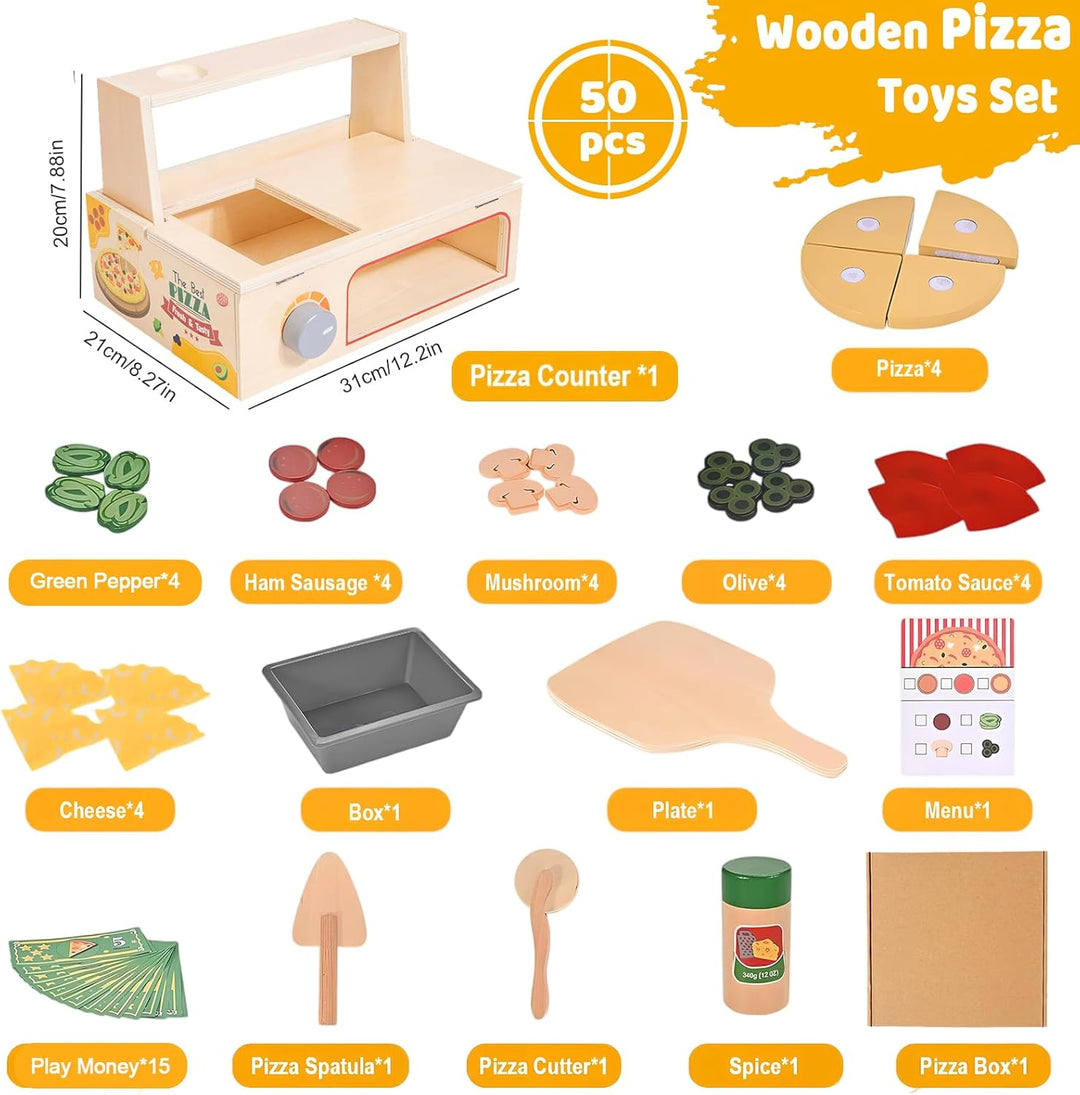 Pizza Holzspielzeug Kinderküche, Spielküche Zubehör Holz, 50PCS Pizzaofen mit Pizzaschneider, Küchen