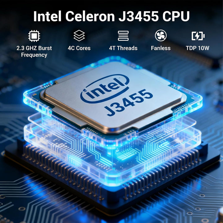 Fanless Mini PC Stick, Intel Celeron J3455 Quad-Core 1.5-2.3GHz, 4GB RAM 64GB eMMC, Dual Gigabit Eth