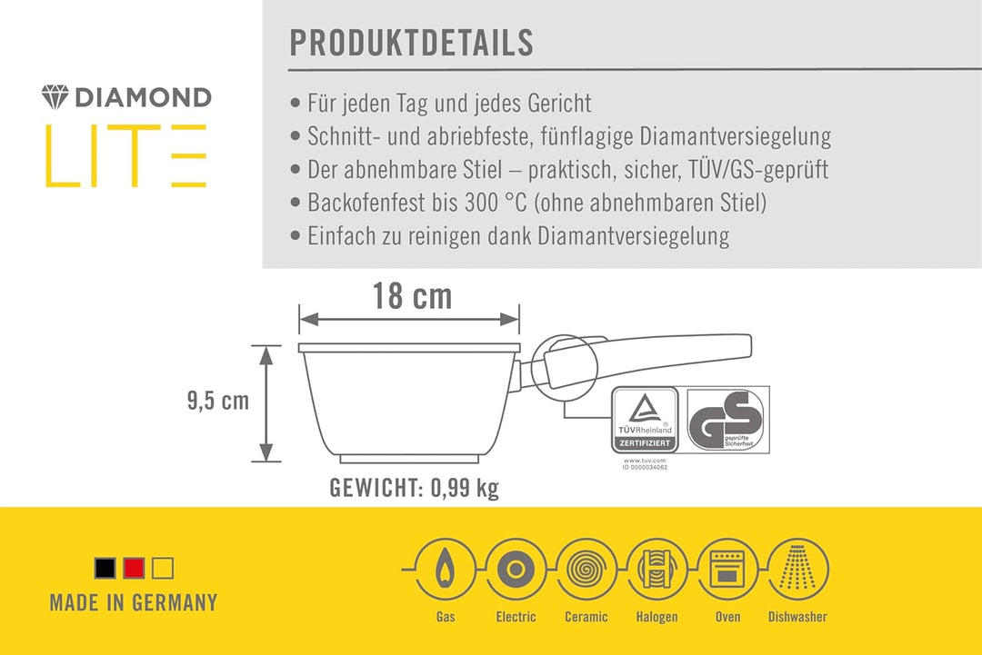 Woll Diamond Lite Stieltopf, Ø 18 cm, 9.5 cm hoch, 2.0 Liter, mit abnehmbarem Stiel - Geeignet für C