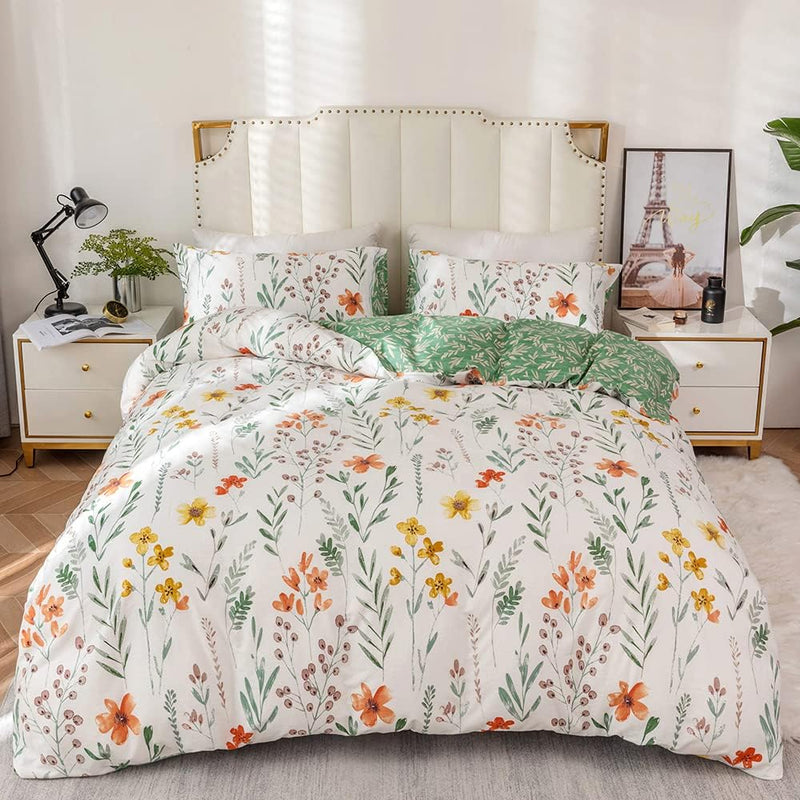 Luofanfei Bettwäsche 220x240 Baumwolle Weiss Blumen Bettbezug Doppelbett Grün 3 Teilig Blumenmuster